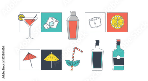 A collection of colorful flat design icons representing various cocktail and bar elements like a shaker, glass, ice, and liquor.