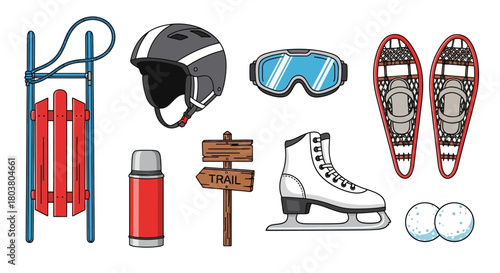 Collection of winter sports and outdoor activity equipment including a sled, helmet, goggles, snowshoes, thermos, trail sign, ice skate, and snowballs.