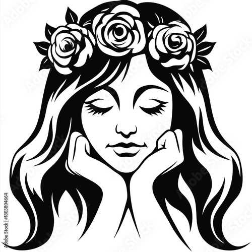 Peaceful darkhaired woman with closed eyes rests her head upon her hands wearing floral crown