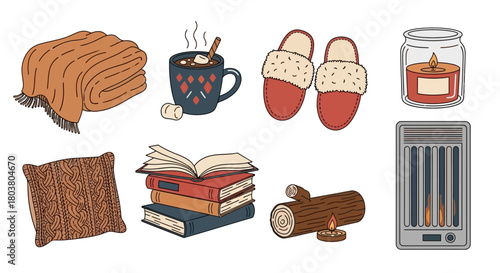 A collection of cozy autumn and winter essentials including a blanket, hot chocolate, slippers, books, and a heater.