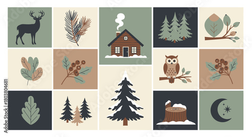 Winter-themed illustration featuring various elements like animals, plants, and a cozy house with snow.