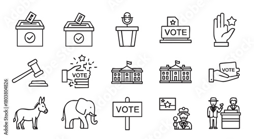 Political Iconography Line Art Representing Democratic and Republican Parties Symbols