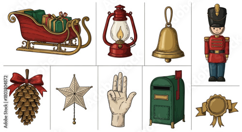 A collection of vintage-style Christmas illustrations featuring a sleigh, lantern, bell, toy soldier, and other festive icons.