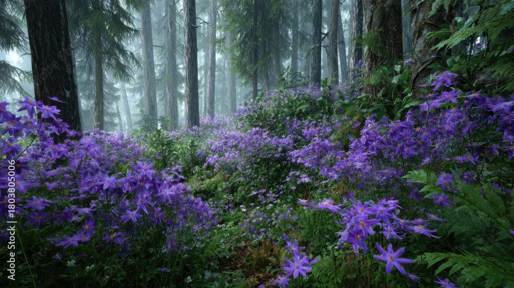 Naklejka premium Purple wildflowers bloom in a serene forest landscape during early morning light in a lush and peaceful environment
