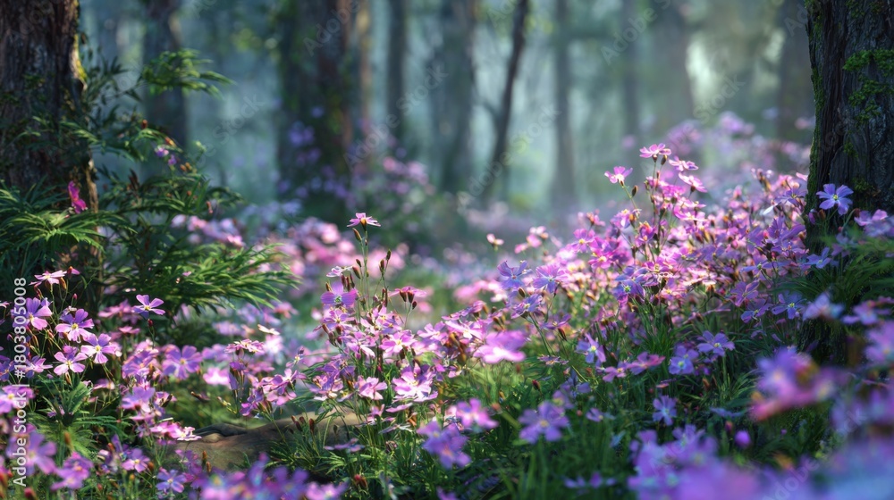 Obraz premium Colorful wildflowers bloom along a forest path in springtime, creating a vibrant and serene atmosphere under the soft sunlight