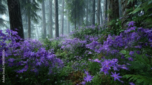 Purple wildflowers bloom in a serene forest landscape during early morning light in a lush and peaceful environment