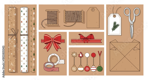 A collection of Christmas and holiday gift wrapping supplies including paper, ribbons, bows, tags, twine, scissors, and decorative ornaments on a kraft background.