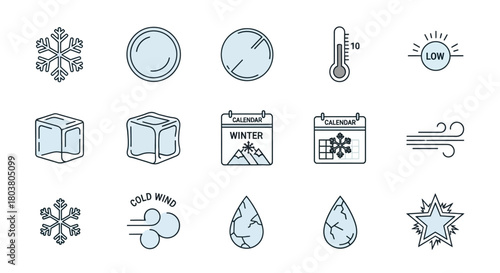 A collection of winter and cold weather themed line icons with blue accents.