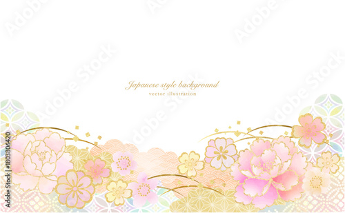 ふんわり和柄と花の背景素材