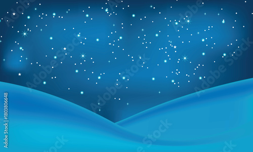 A serene winter night scene unfolds with a deep blue sky, dotted with twinkling stars, and gentle, snow covered hills in the foreground