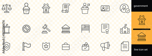 government, society, service, education, reform, health care, legislation, medicine, law and more. Editable line icons. 
