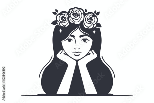Pensive woman with long dark hair wears a floral crown and rests her chin