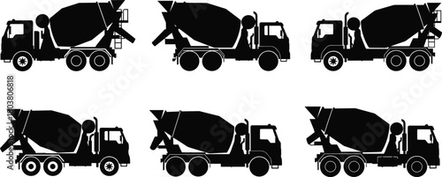Concrete mixer truck silhouette vector set, construction cement vehicle illustration for building, heavy equipment machinery icons, industrial transport service graphics