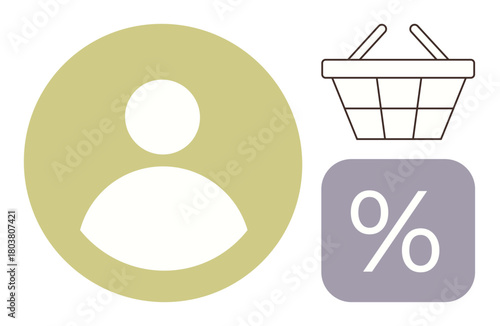 User icon, simple shopping basket, discount percentage block. Ideal for e-commerce, marketing, customer loyalty, sales, discounts user data branding. A simple flat metaphor