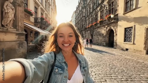 Young woman taking a selfie on a cobblestone street in Europe.