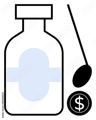 Medicine bottle with cross label, spoon, and dollar coin representing healthcare cost, treatment, pharmaceutical industry, accessibility, medical pricing, value, services simple flat metaphor