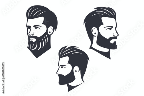 Profile views showcase handsome men sporting diverse beard styles and modern haircuts in monochrome