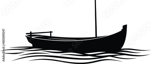 Silhouette of a small wooden boat floating on wavy water