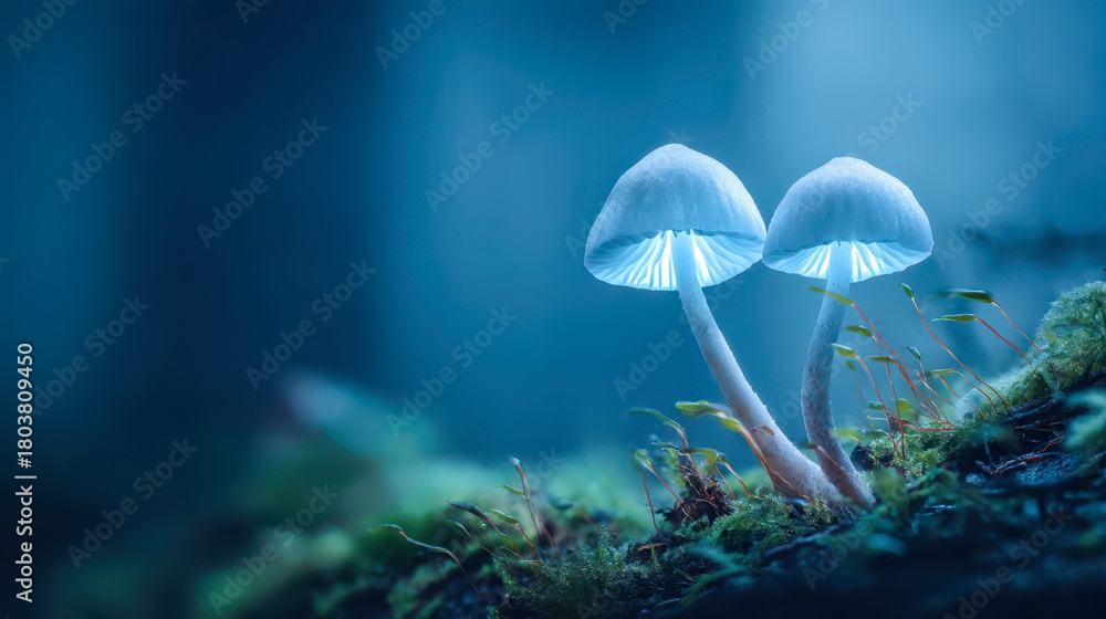 Fototapeta premium Glowing bioluminescent mushrooms in misty forest moss, magical nature nightscape