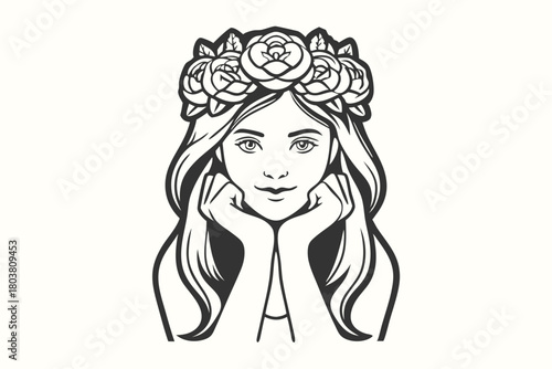 Relaxed monochrome girl with flower crown rests chin on her hands quietly