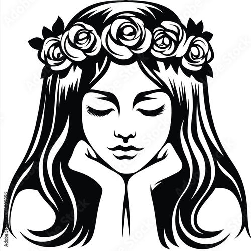 Pretty woman with long hair resting head on hands wearing rose crown