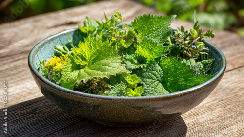 Fresh wild greens in a ceramic bowl, picked nettles, dandelion and edible herbs on a rustic wooden surface