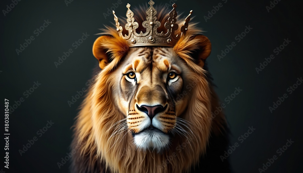 Fototapeta premium Majestic lion wears golden crown, looking forward intensely. Its mane is full and bright, symbolizing power and royalty. This regal beast is king of its domain.