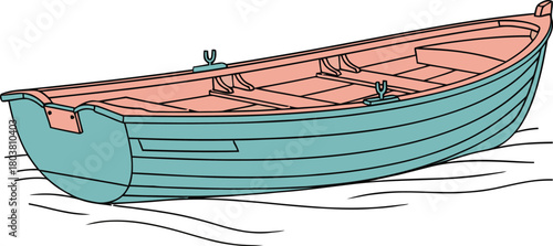 A simple wooden rowboat rests on a sandy beach