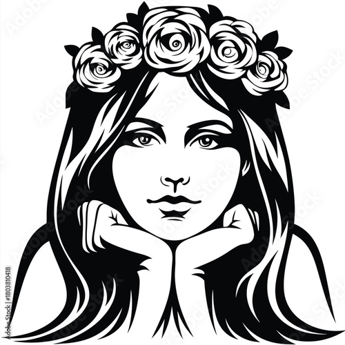 Rose crowned woman delicately rests her chin upon hands in a black and white portrait