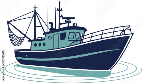 Illustration of a dark blue fishing trawler boat with nets at sea