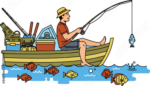 Man in a hat fishing from a boat with many fish around him