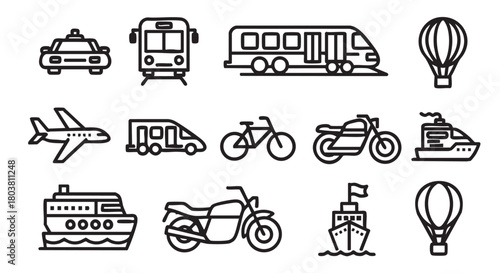 Transportation icons set in black outline style vector illustration