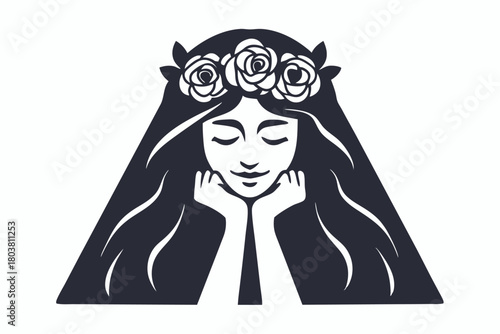 Serene woman with closed eyes and rose crown rests her chin pensively on hands