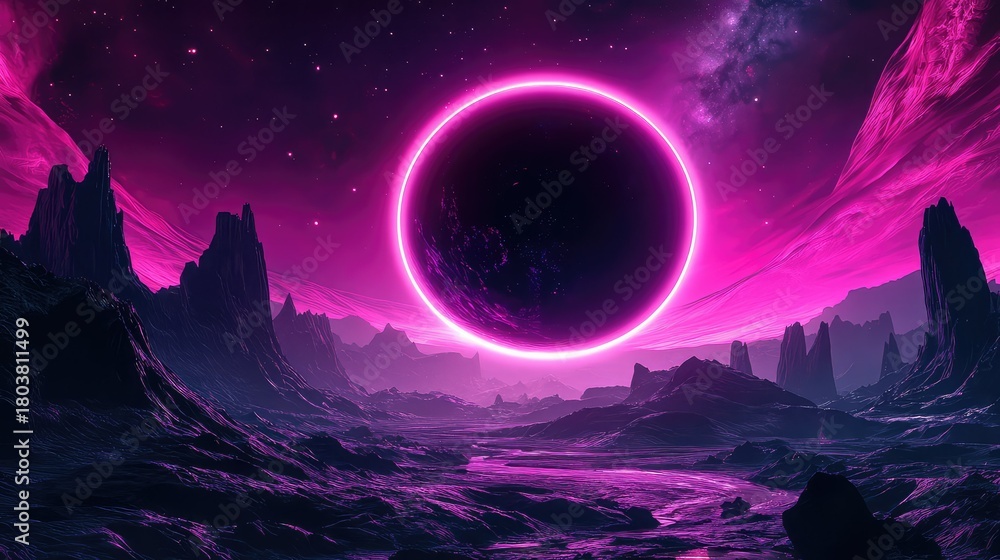 Fototapeta premium Alien planet with neon glowing eclipse over futuristic landscape
