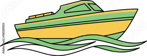 Cartoon motorboat sailing on green wavy water with blue sky background