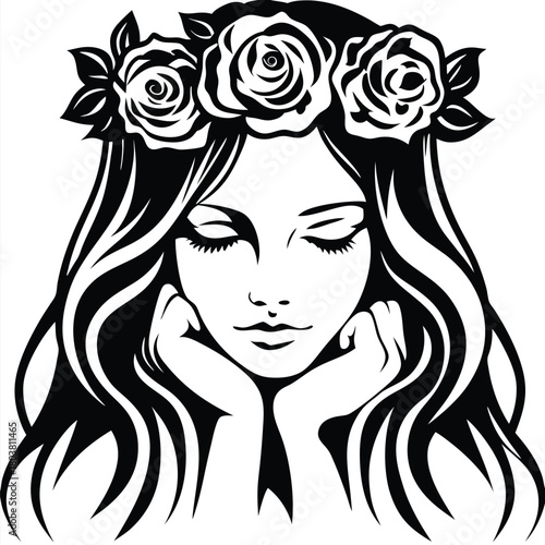 Serene woman with closed eyes rests her chin on her hands wearing rose crown