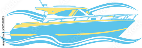 Stylized blue and yellow motor yacht sailing on wavy water