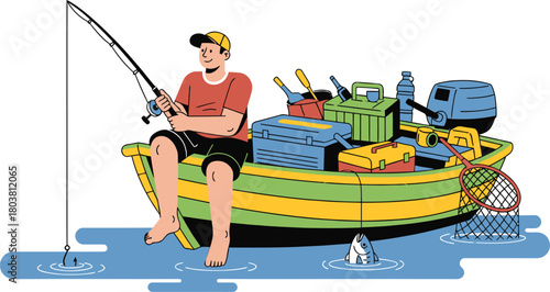 Woman fishing from a colorful boat filled with gear and an outboard motor