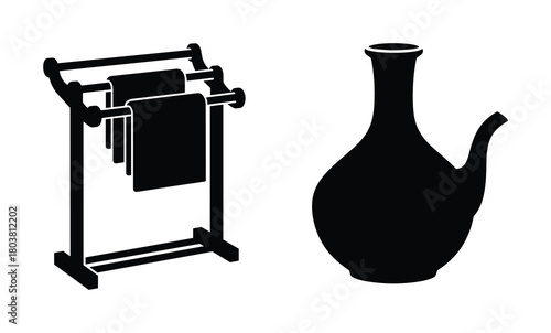 Black silhouette of towel rack and jug. Isolated on white background design decorative object.