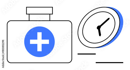 First aid kit and clock represent timely medical assistance and care. Ideal for health awareness, emergency response, healthcare services, medical support, time management, priority action, simple
