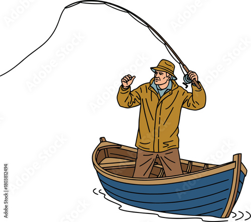 Man fishing from a small boat with a bent rod