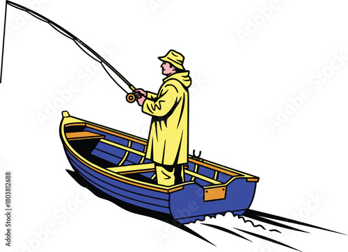 Fisherman in a yellow raincoat on a blue boat reeling in a catch