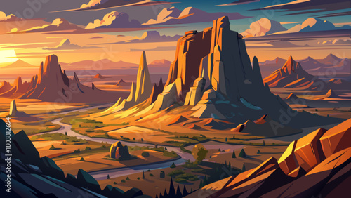 Very beautiful aerial view of Shiprock at sunrise, revealing its dramatic volcanic formation rising above the vast New Mexico landscape. Warm golden light paints the rugged terrain with vibrant colors