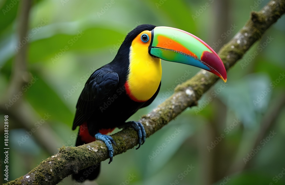 Naklejka premium Colorful toucan bird perches on mossy tree branch in rich green rainforest jungle. Exotic avian wildlife with large vibrant beak looks alertly on background of dense foliage. Natural habitat scene of