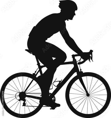 Cyclist riding road bike silhouette, professional bicycle rider training illustration, sports cycling athlete wearing helmet, fitness workout and outdoor cycling activity vector