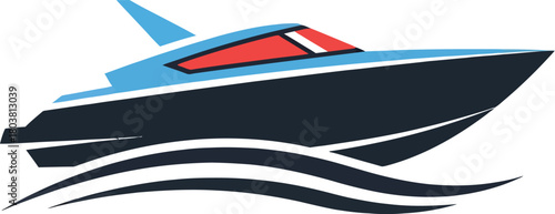 Sleek blue speedboat gliding through stylized blue waves