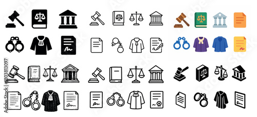 Legal icons collection: gavel, scales, documents
