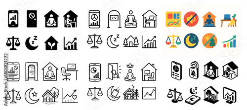 Diverse meditation and balance icons set