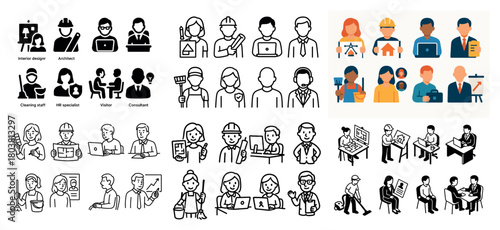 Diverse professions icons in black and color