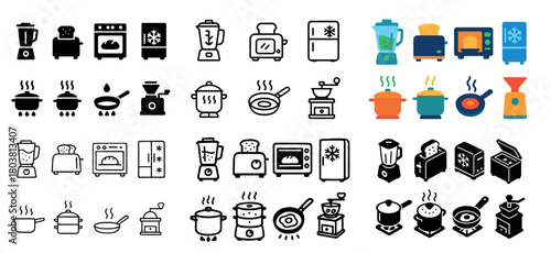 Kitchen appliance icon set in black and colorful designs